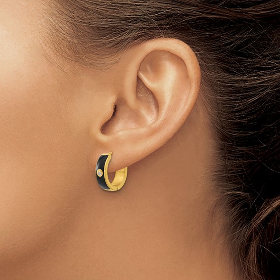 Chisel Stainless Steel Polished Yellow IP-plated with Black Enamel and CZ 5mm Hinged Hoop Earrings