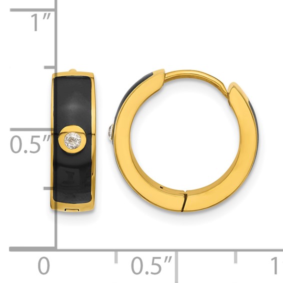 Chisel Stainless Steel Polished Yellow IP-plated with Black Enamel and CZ 5mm Hinged Hoop Earrings