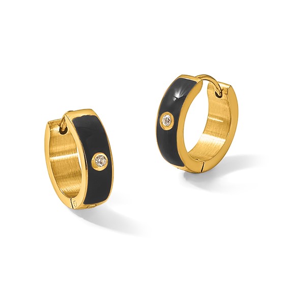 Chisel Stainless Steel Polished Yellow IP-plated with Black Enamel and CZ 5mm Hinged Hoop Earrings