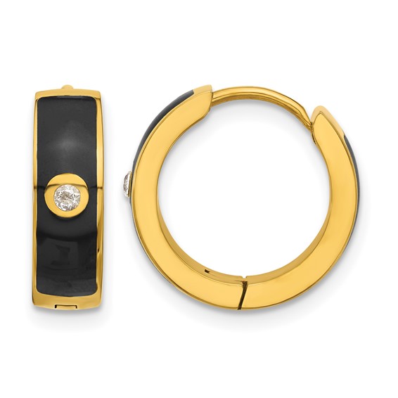 Chisel Stainless Steel Polished Yellow IP-plated with Black Enamel and CZ 5mm Hinged Hoop Earrings