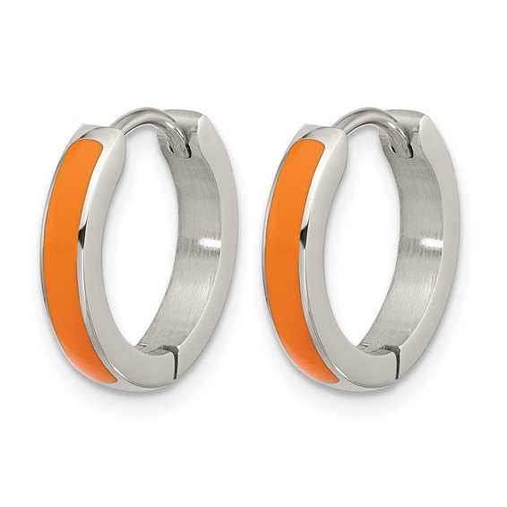 Chisel Stainless Steel Polished with Orange Enamel 2.90mm Hinged Hoop Earrings