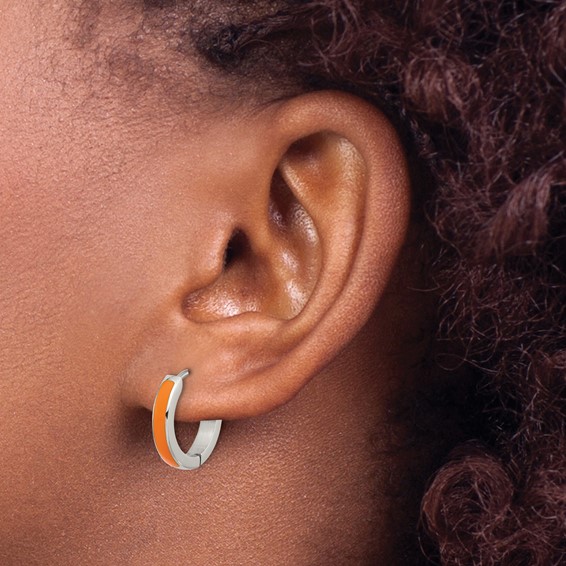 Chisel Stainless Steel Polished with Orange Enamel 2.90mm Hinged Hoop Earrings