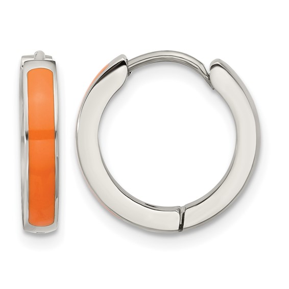 Chisel Stainless Steel Polished with Orange Enamel 2.90mm Hinged Hoop Earrings