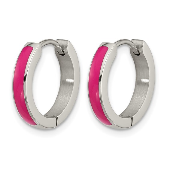Chisel Stainless Steel Polished with Pink Enamel 2.90mm Hinged Hoop Earrings