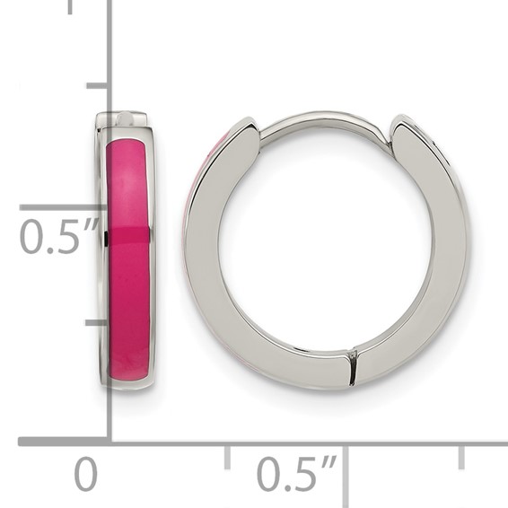 Chisel Stainless Steel Polished with Pink Enamel 2.90mm Hinged Hoop Earrings
