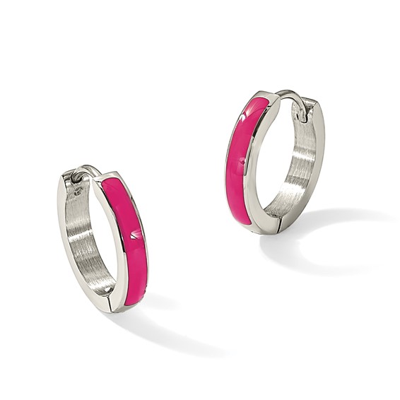 Chisel Stainless Steel Polished with Pink Enamel 2.90mm Hinged Hoop Earrings