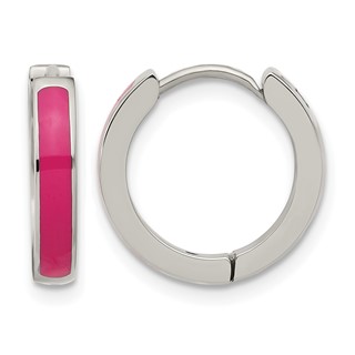 Chisel Stainless Steel Polished with Pink Enamel 2.90mm Hinged Hoop Earrings