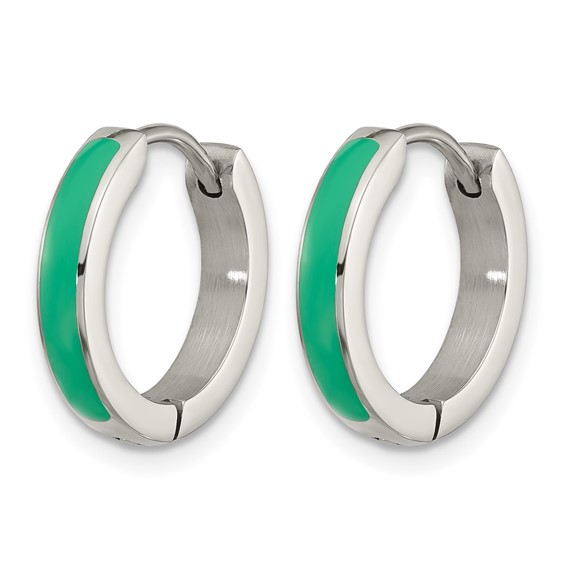 Chisel Stainless Steel Polished with Green Enamel 2.90mm Hinged Hoop Earrings