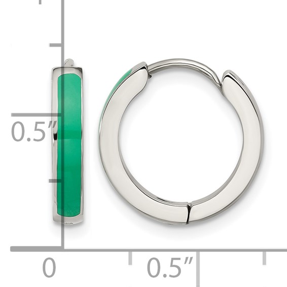 Chisel Stainless Steel Polished with Green Enamel 2.90mm Hinged Hoop Earrings