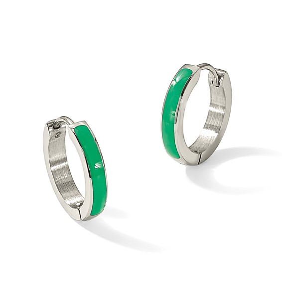 Chisel Stainless Steel Polished with Green Enamel 2.90mm Hinged Hoop Earrings