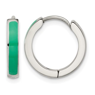 Chisel Stainless Steel Polished with Green Enamel 2.90mm Hinged Hoop Earrings