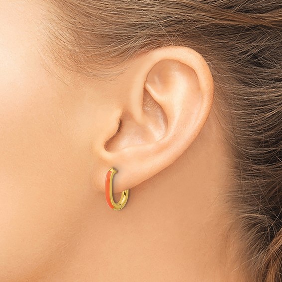 Chisel Stainless Steel Polished Yellow IP-plated with Orange Enamel 2.40mm Elongated Hinged Hoop Earrings