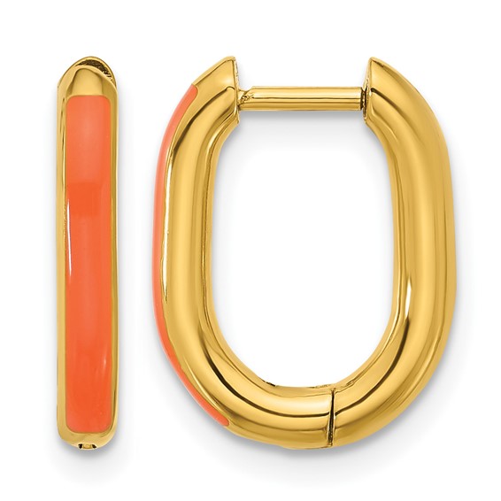 Chisel Stainless Steel Polished Yellow IP-plated with Orange Enamel 2.40mm Elongated Hinged Hoop Earrings