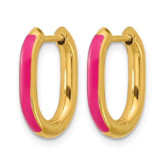 Chisel Stainless Steel Polished Yellow IP-plated with Pink Enamel 2.40mm Elongated Hinged Hoop Earrings