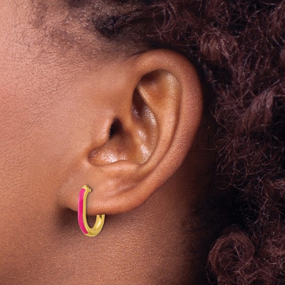 Chisel Stainless Steel Polished Yellow IP-plated with Pink Enamel 2.40mm Elongated Hinged Hoop Earrings