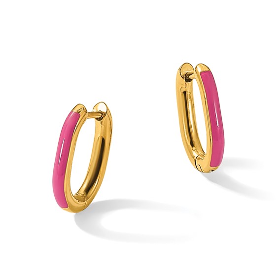 Chisel Stainless Steel Polished Yellow IP-plated with Pink Enamel 2.40mm Elongated Hinged Hoop Earrings
