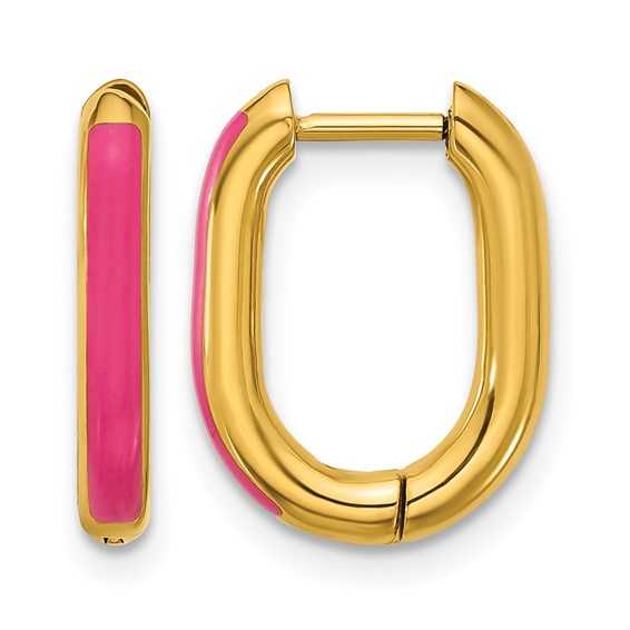 Chisel Stainless Steel Polished Yellow IP-plated with Pink Enamel 2.40mm Elongated Hinged Hoop Earrings