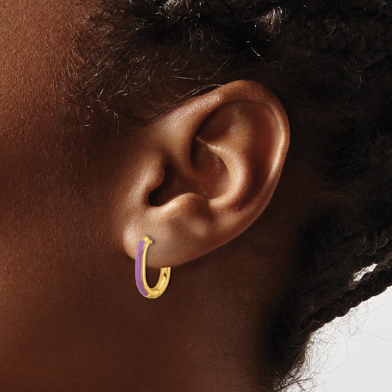 Chisel Stainless Steel Polished Yellow IP-plated with Purple Enamel 2.40mm Elongated Hinged Hoop Earrings