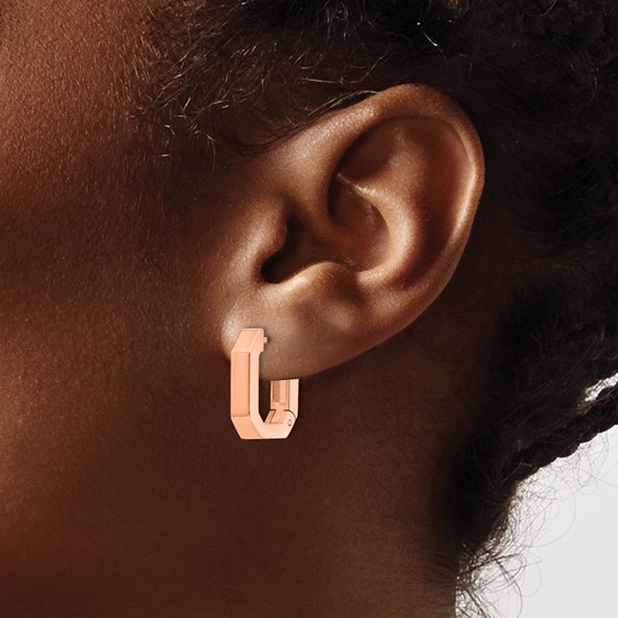 Chisel Stainless Steel Polished Rose IP-plated Squared Edges 4mm Hinged Hoop Earrings