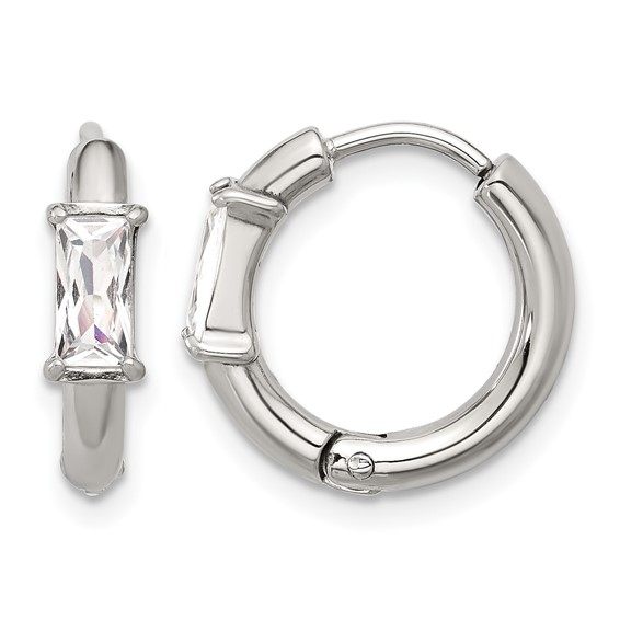 Chisel Stainless Steel Polished Rectangle CZ Hinged Hoop Earrings