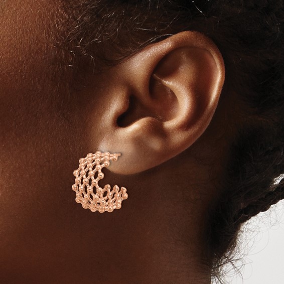 Chisel Stainless Steel Polished Rose IP-plated Beaded Weave Design Post Hoop Earrings