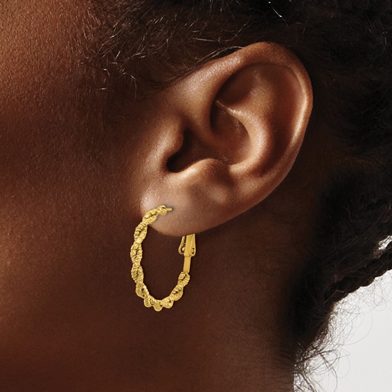 Chisel Stainless Steel Polished Textured Yellow IP-plated Omega Back Hoop Earrings