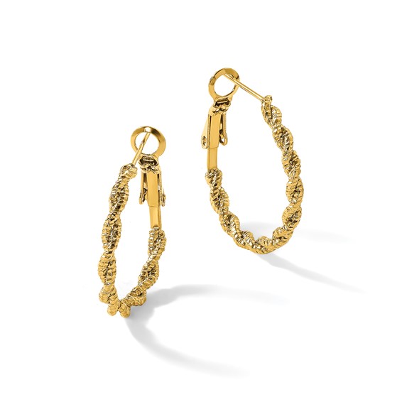 Chisel Stainless Steel Polished Textured Yellow IP-plated Omega Back Hoop Earrings