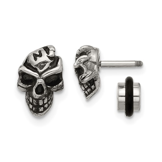Chisel Stainless Steel Antiqued and Polished Skull Post Earrings
