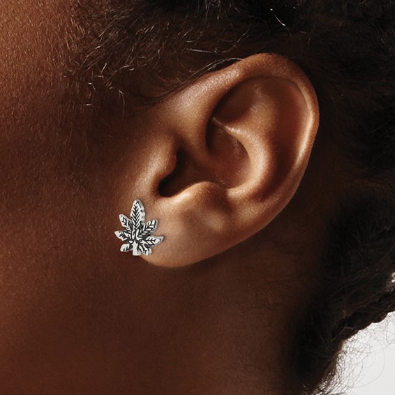 Chisel Stainless Steel Polished and Antiqued Leaf Post Earring