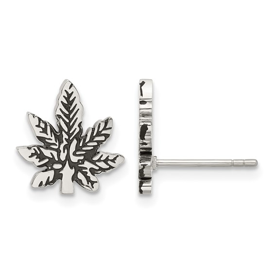 Chisel Stainless Steel Polished and Antiqued Leaf Post Earring