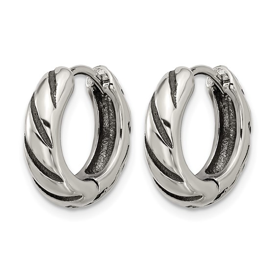 Chisel Stainless Steel Antiqued and Polished Hinged Hoop Earrings