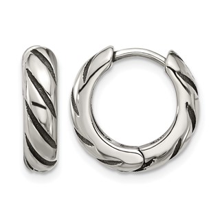 Chisel Stainless Steel Antiqued and Polished Hinged Hoop Earrings
