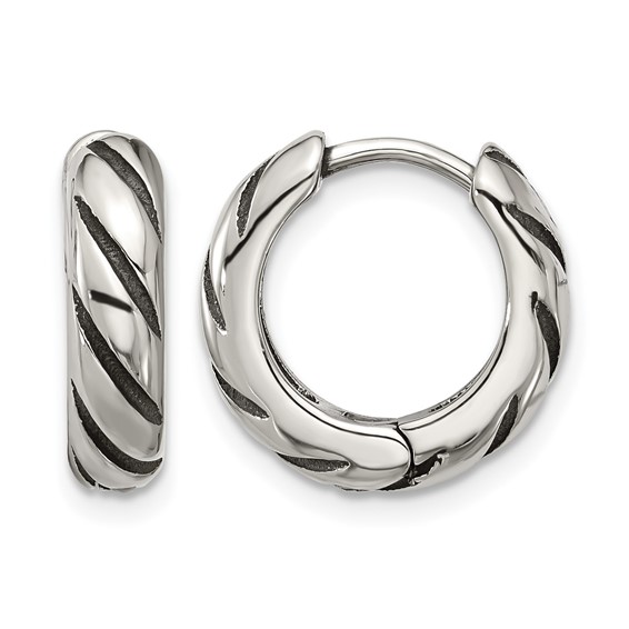 Chisel Stainless Steel Antiqued and Polished Hinged Hoop Earrings