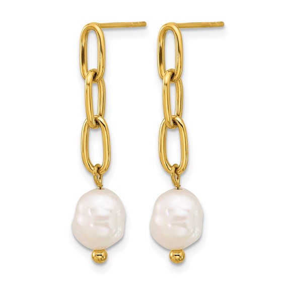 Chisel Stainless Steel Polished Yellow IP-plated Open Chain with Freshwater Cultured Pearl Post Dangle Earrings