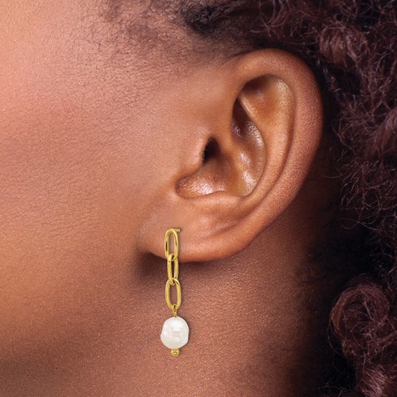 Chisel Stainless Steel Polished Yellow IP-plated Open Chain with Freshwater Cultured Pearl Post Dangle Earrings