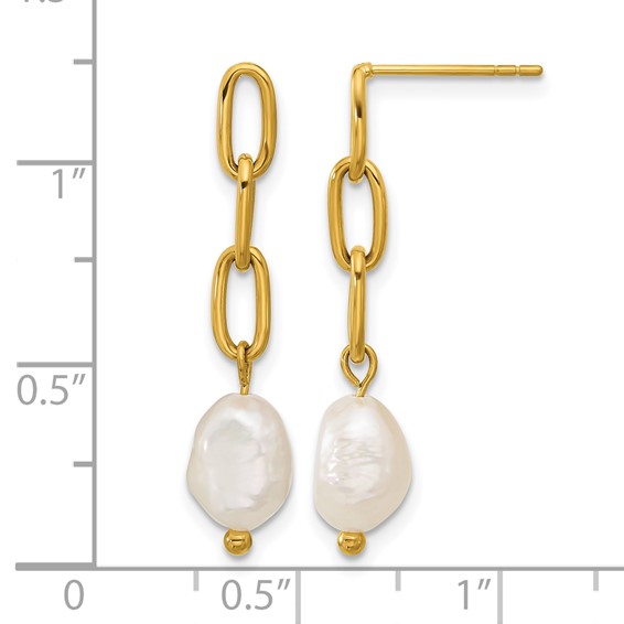 Chisel Stainless Steel Polished Yellow IP-plated Open Chain with Freshwater Cultured Pearl Post Dangle Earrings
