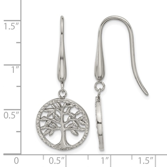 Chisel Stainless Steel Polished and Textured Tree Dangle Shepherd Hook Earrings