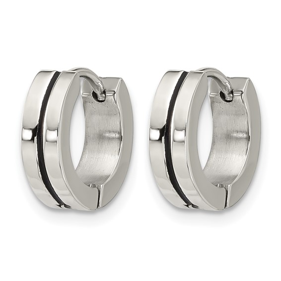 Stainless Steel Polished with Black Resin Center 4mm Hoop Earrings