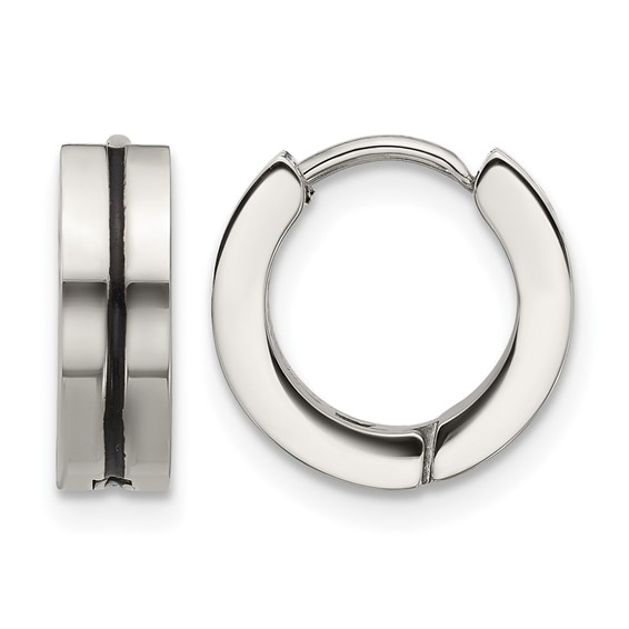 Stainless Steel Polished with Black Resin Center 4mm Hoop Earrings