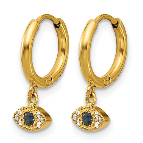 Chisel Stainless Steel Polished Yellow IP-plated Blue and White Zircon Evil Eye Dangle Hinged Hoop Earrings
