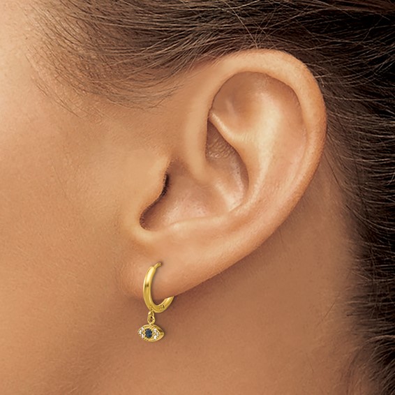 Chisel Stainless Steel Polished Yellow IP-plated Blue and White Zircon Evil Eye Dangle Hinged Hoop Earrings