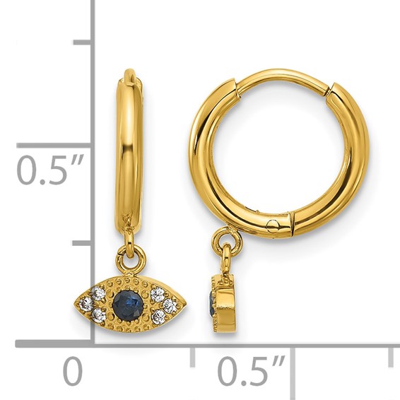 Chisel Stainless Steel Polished Yellow IP-plated Blue and White Zircon Evil Eye Dangle Hinged Hoop Earrings