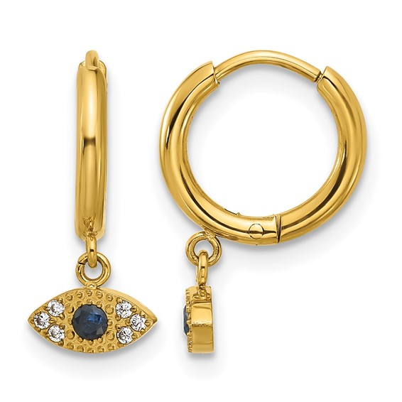 Chisel Stainless Steel Polished Yellow IP-plated Blue and White Zircon Evil Eye Dangle Hinged Hoop Earrings