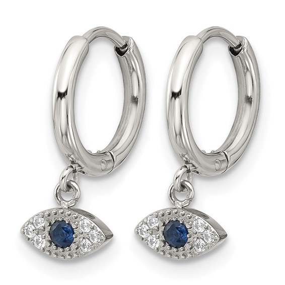 Chisel Stainless Steel Polished Blue and White Zircon Evil Eye Dangle Hinged Hoop Earrings