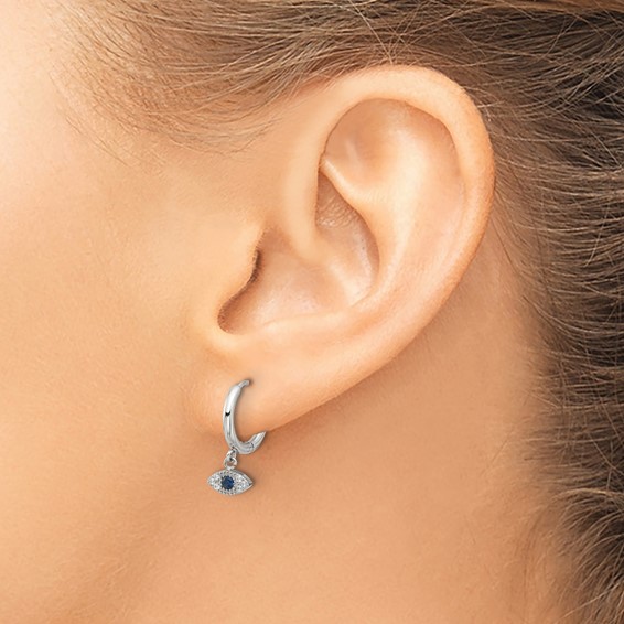 Chisel Stainless Steel Polished Blue and White Zircon Evil Eye Dangle Hinged Hoop Earrings