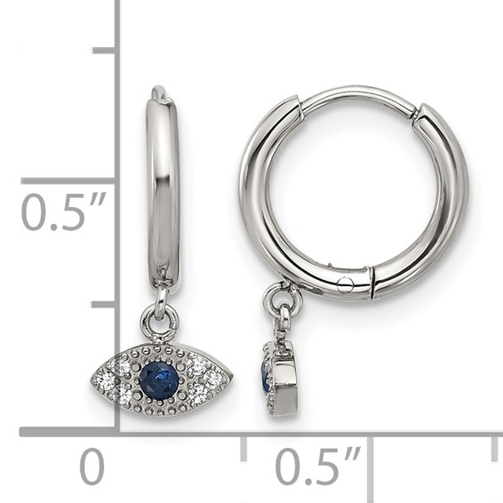 Chisel Stainless Steel Polished Blue and White Zircon Evil Eye Dangle Hinged Hoop Earrings