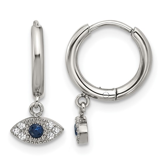 Chisel Stainless Steel Polished Blue and White Zircon Evil Eye Dangle Hinged Hoop Earrings