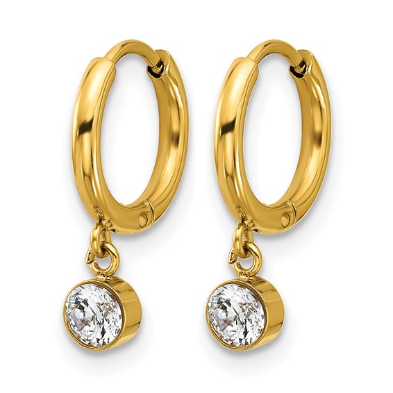 Chisel Stainless Steel Polished Yellow IP-plated White Zircon Dangle Hinged Hoop Earrings