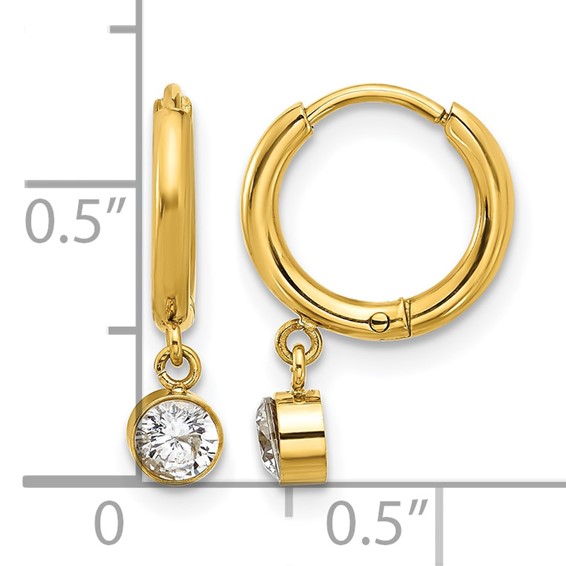 Chisel Stainless Steel Polished Yellow IP-plated White Zircon Dangle Hinged Hoop Earrings