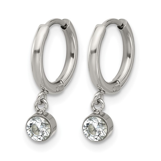Chisel Stainless Steel Polished White Zircon Dangle Hinged Hoop Earrings